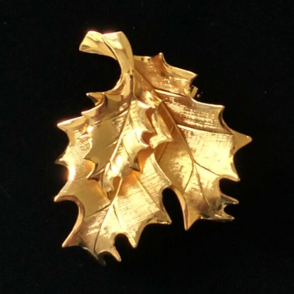 Autumn Leaf Leaves Cluster Brooch Pin Lightweight Vintage Gold Tone Shiny Estate - Picture 11 of 13